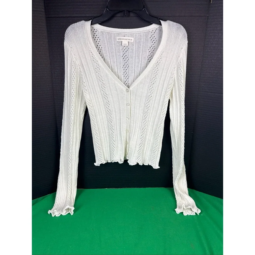Aeropostale Womens Cropped Cardigan White XS Knit Lettuce Trim V-Neck Sweater